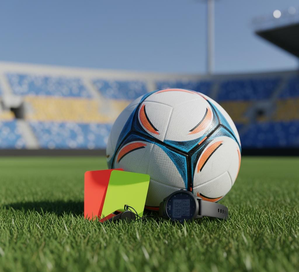 Pallone, cartellini e fischietto su un campo da calcio